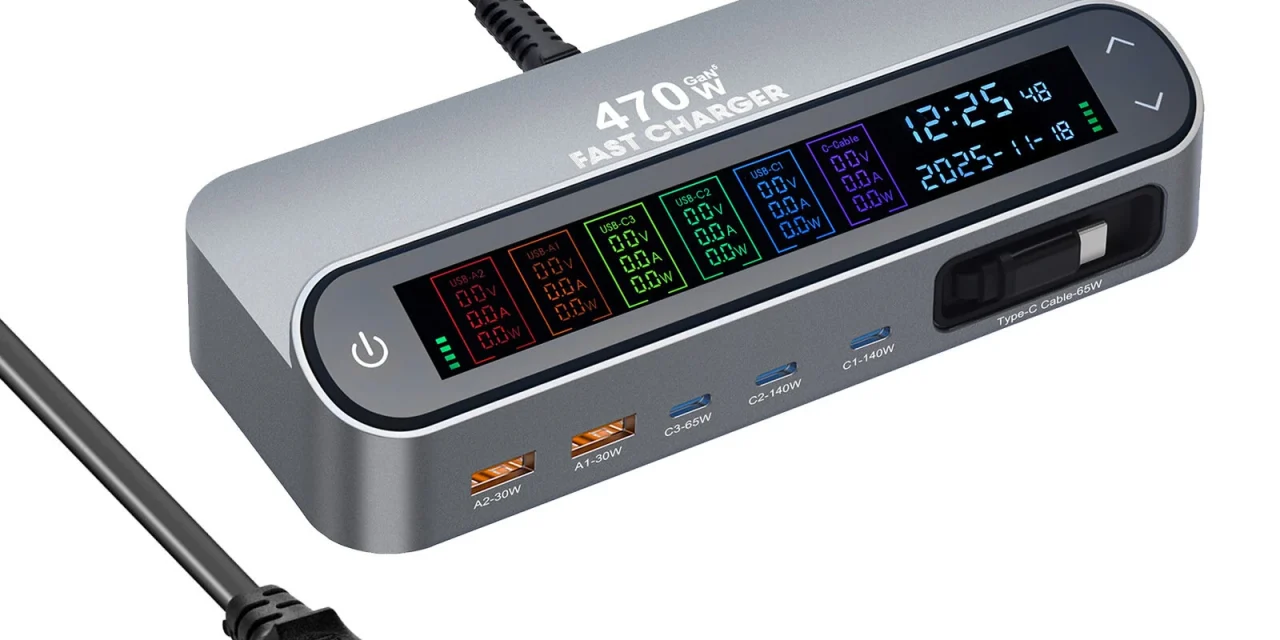 GaN Tech Bakeey YMX LCD 470W 6 portos GaN töltő digitális kijelzővel röviden